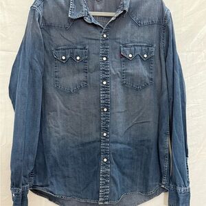 Levi’s Western Denim Pearl Snap Shirt XL Faded Blue Americana Urban Cowboy Style